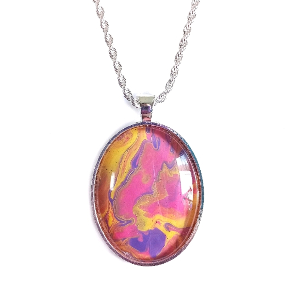 Multicolored acrylic paint skin oval pendant on 20" sterling silver necklace new